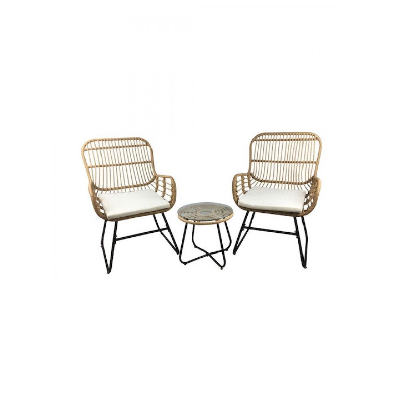 SALSA Yard Set: Τραπέζι + 2 Πολυθρόνες, Μέταλλο Μαύρο, Wicker Φυσικό, Μαξιλάρια Εκρού Κωδικός: [Ε-00025170] Ε292,S